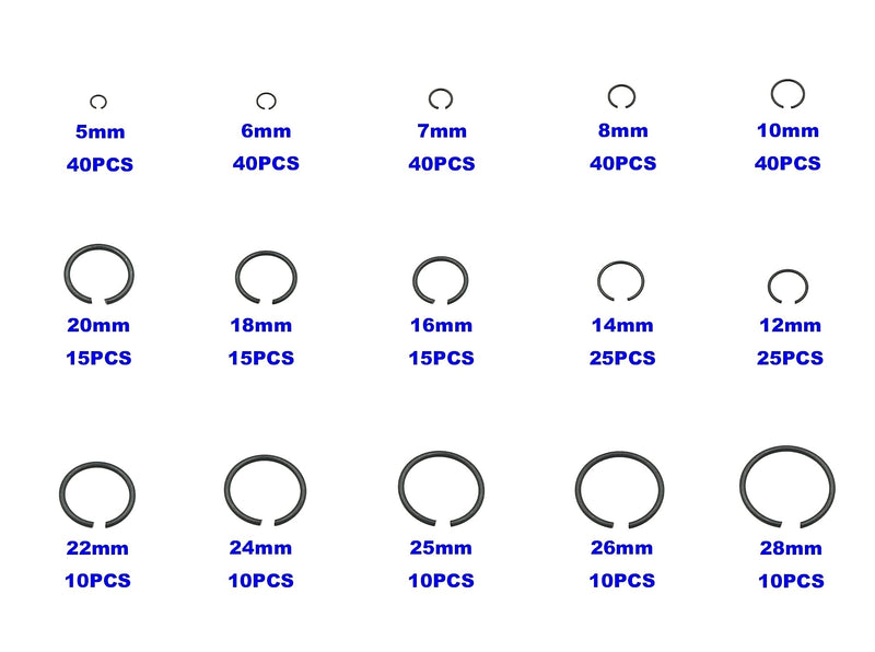 [Australia - AusPower] - Metric 15-Sizes Round Wire C-Clips External Retaining Rings Assortment Kit;Round Wire Snap Rings for Shaft(Black 5mm-28mm? 
