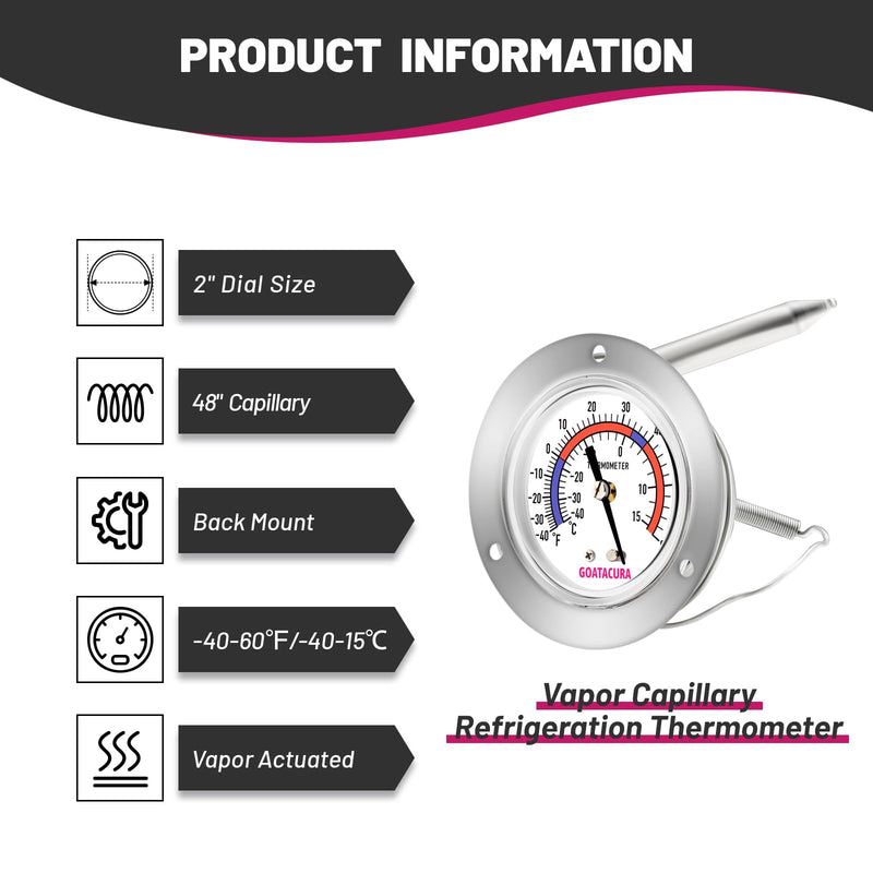 [Australia - AusPower] - Vapor Capillary Refrigeration Thermometer, Stainless Steel Flanged Panel Mount, 2" Dial Size, 48" Capillary, -40-60 Deg F/-40-15 Deg C 