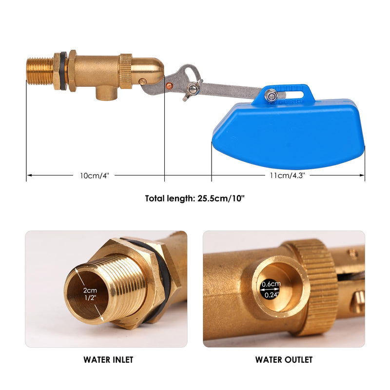 1/2 inch Brass Float Valve, Water Float Ball Valve with Adjustable Arm, Automatic Fill and Shut Off Water Tank Float Valves for Ponds, Water Trough, Aquaculture, Reservoir (2, blue) 2