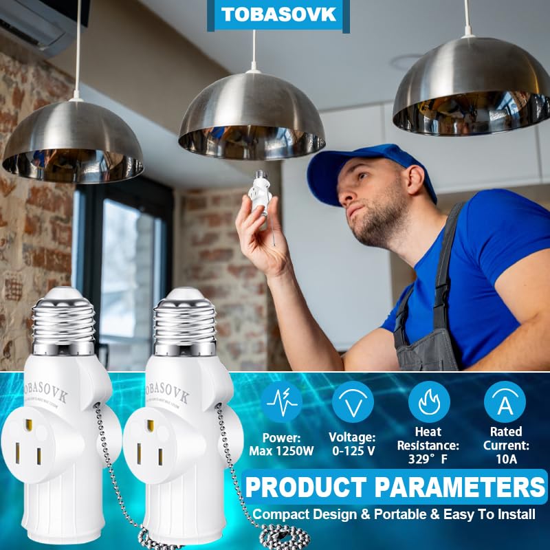 [Australia - AusPower] - 3 Prong Light Socket to Plug Adapter, Simultaneous Support for Two 3-Prong Light Socket Adapter, Multifunctional Light Bulb Outlet Socket Adapter, for Garage, Porch, CCTV Camera, Patio, White 1 White Style 