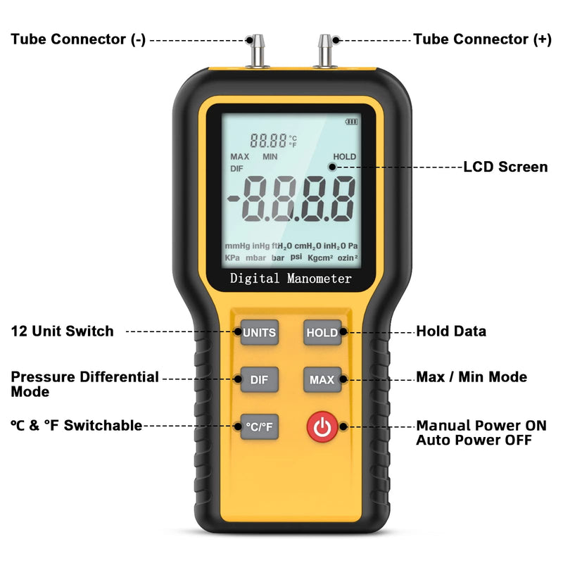 [Australia - AusPower] - Manometer, Professional Air Pressure Meter, Handheld HVAC Manometer 12 Selectable Units Differential Pressure Gauge, Dual-Port Manometer Gas Pressure Tester with Backlight (Included Battery) QX1201?12 Selectable Units? 