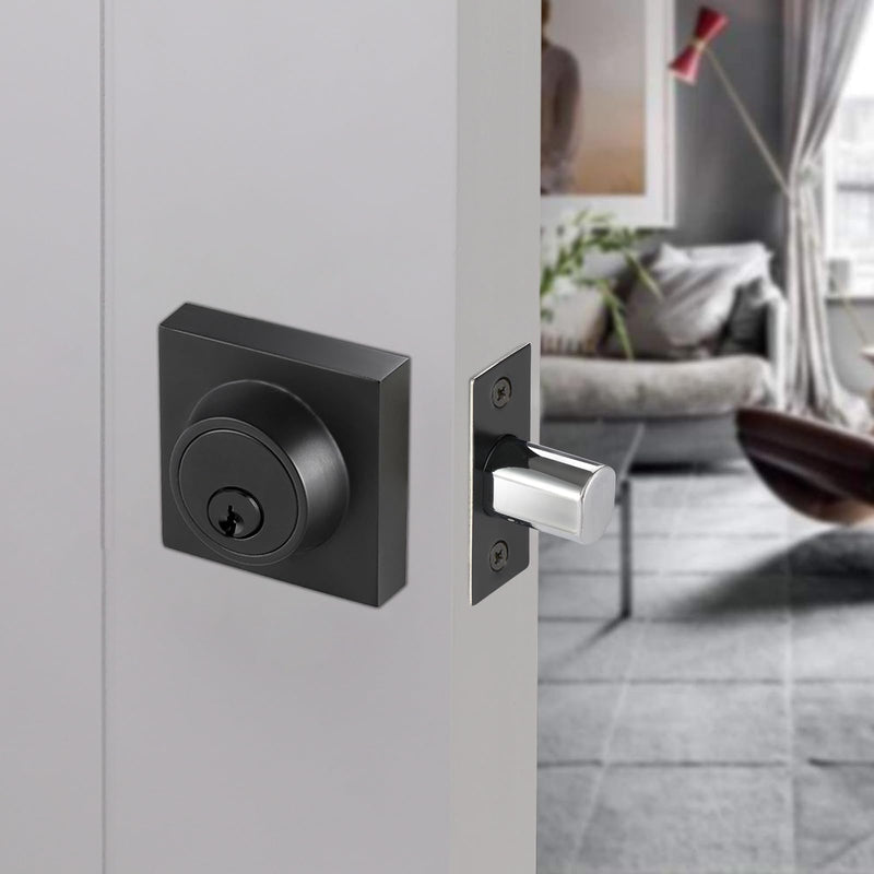 Square Single Cylinder Modern Deadbolt Lock with Keys, Matte Black Deadbolt for Front Door Entrance, Front Door Security Lock, Keyed 1 Side 1 Pack