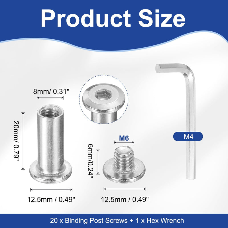 [Australia - AusPower] - PATIKIL M6x6mm Hex Chicago Screws 8x20mm, 20Pcs 304 Stainless Steel Metric Hex Drive Socket Cap Binding Post Screw Posts for Scrapbook Leather Belt Album Furniture Repair, Silver M6x6mm, 8x20mm 20 