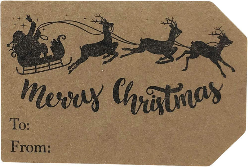 Season’s Greetings Gift Tags – 2 x 3 Inch Natural Kraft Holiday Stickers – 100 Adhesive Labels with 4 Festive Designs – Eco-Friendly and Made in USA