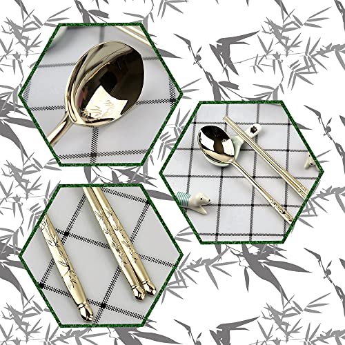 [Made in Korea] Bamboo Design Sticky Rice Spoon Chopsticks Set Gold Titanium Plating 304 Stainless Steel Soup Spoon Ramen Noodle Chopsticks Flatware (2 Sets) 2 Sets