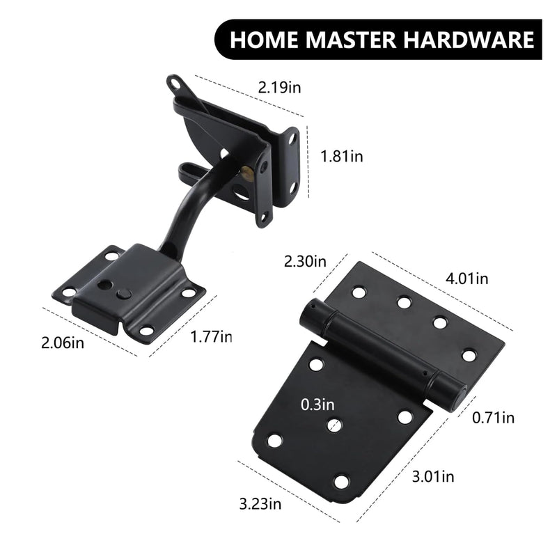 HOME MASTER HARDWARE Self-Closing Gate Kit Black - 3.5 in Spring Tee Hinges 2 Pack + Self-Adjusting Gate Latch 1 Pack