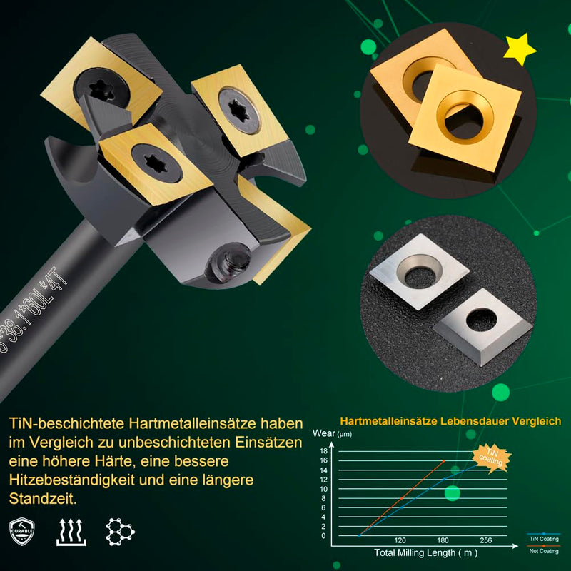 [Australia - AusPower] - BALUGAEA 8mm Shank Face Router Bit - 38.1mm Cutting Diameter - Fitted with 4 Interchangeable TiN Coated Carbide Blades 12x12mm 4Z S=8mm D=38,1mm L=60mm black 