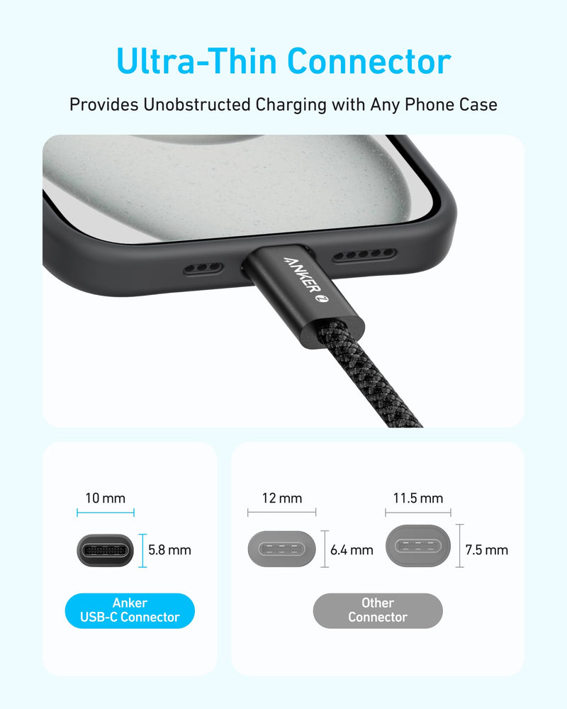 Anker Zolo USB C to USB C Cable, Braided and Dirt-Free Type-C Fast Charging Cable, Slim Connector, for iPhone 17 Series, MacBook (240W) (White, 6FT) (Pack of 2) 6ft (Pack of 2) White