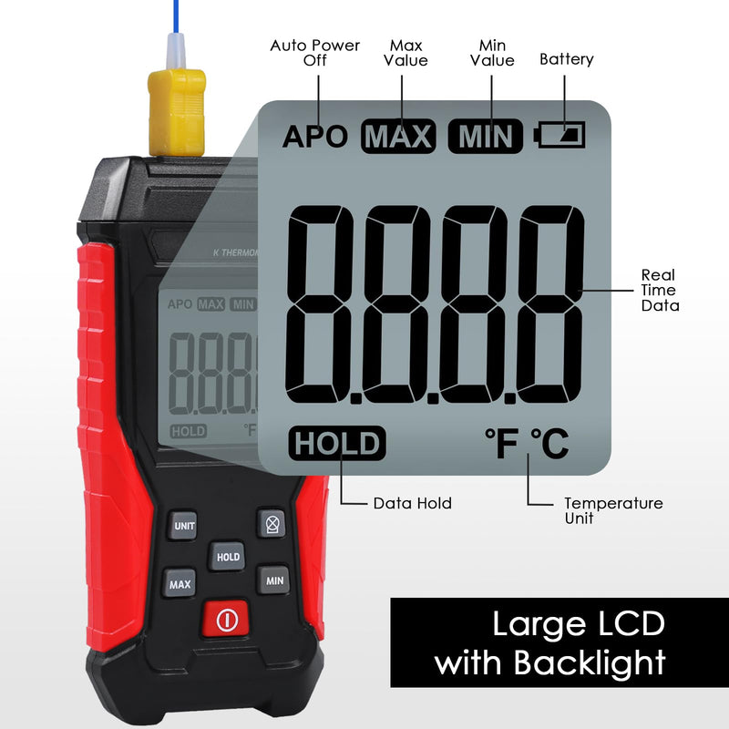 [Australia - AusPower] - Thermocouple Thermometer Digital K Type Thermometer, Thermocouple Tester(-328~2501℉) with 2 K-Type Thermocouples LCD Display Temperature Tester for K Type (Single Channel) 