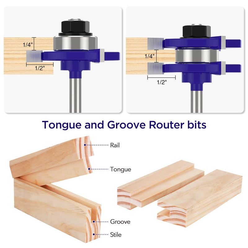 Tongue and Groove Router Bit Set of 2 Pieces 1/4 Inch Shank Router Bits 3 Teeth Adjustable T Shape Wood Milling Cutter Router Bits Sets for Woodworking, Idea Gifts for Dad, Fathers Day Gifts