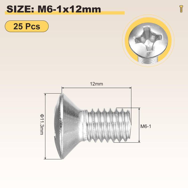 [Australia - AusPower] - METALLIXITY Phillips Cross Recessed Countersunk Head Screws Bolts (M6-1x12) 25Pcs, 304 Stainless Steel Flat Head Woodworking Machine Screws - for Furniture Assembly DIY Projects, Silver M6-1x12mm 25 