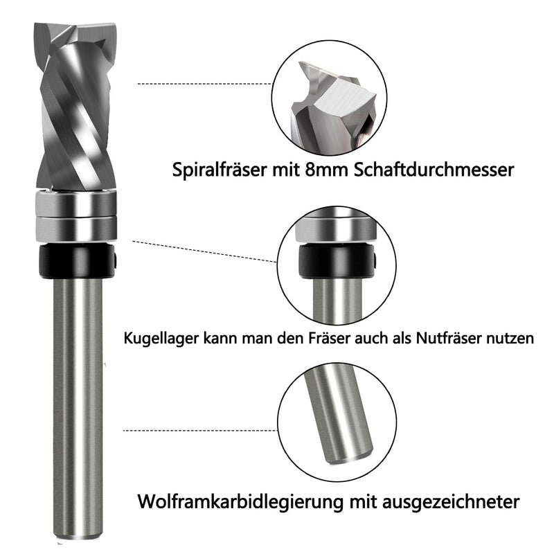 [Australia - AusPower] - Flush Cutter Spiral Cutter 8 mm Shaft - Up & Down Compression Spiral Groove Cutter 12 mm Cutting Diameter 25.4 mm Cutting Length with Double Ball Bearing, Spiral Grooved Router Cutter for Wood Cutters Ø 12mm, NL=25.4 