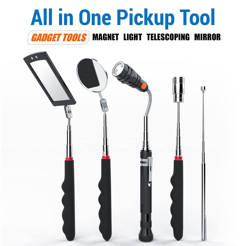 [Australia - AusPower] - Telescoping Magnetic Pick Up Tool Magnetic Sweepers with 1 lb and 15 lb Pickup Rod, Round and Square 360 Swivel Adjustable Inspection Mirror and Flexible LED Flashlight, Fathers Day Gifts for Dad, Men Black Magnetic Tool Set 