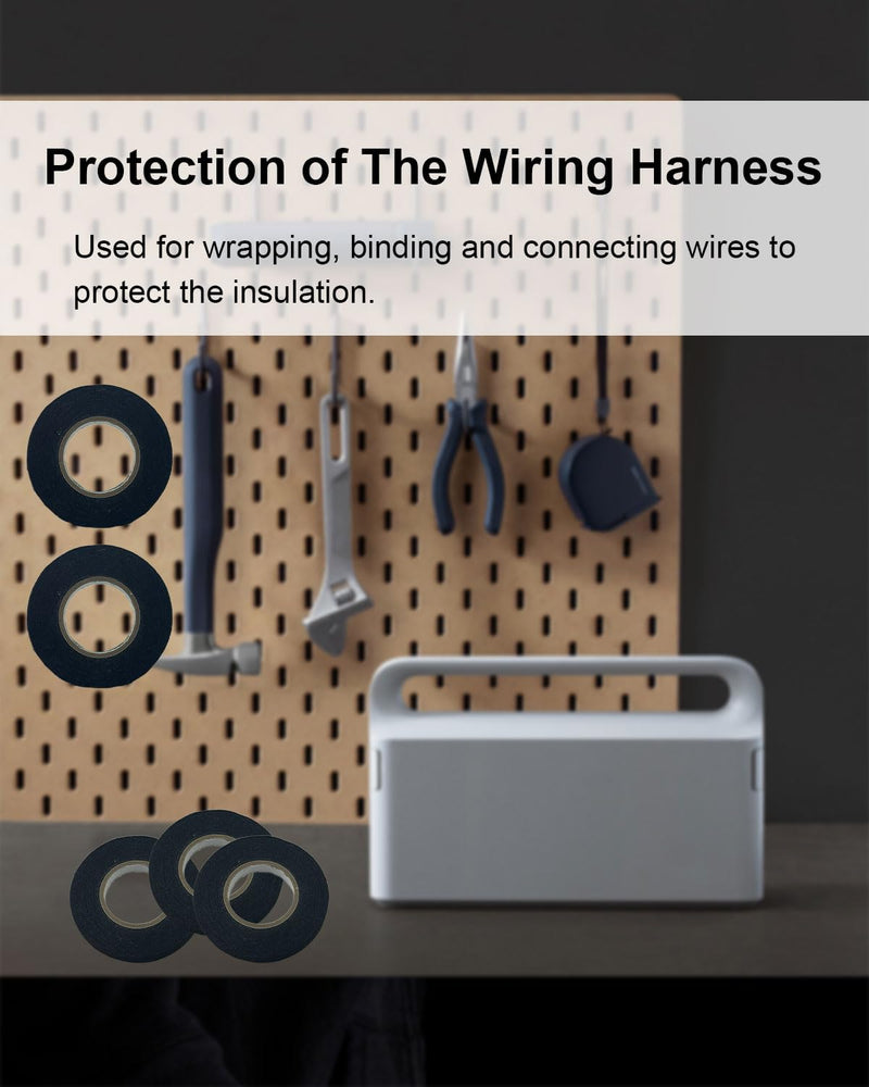 5 Rolls Automotive Wire Harness Tape, High Temp Adhesive Fabric Tape for Cars & Motorcycle - Noise Damping, Vibration Reduction, Insulation Protection, Residue-Free, Black 0.35in x 50ft