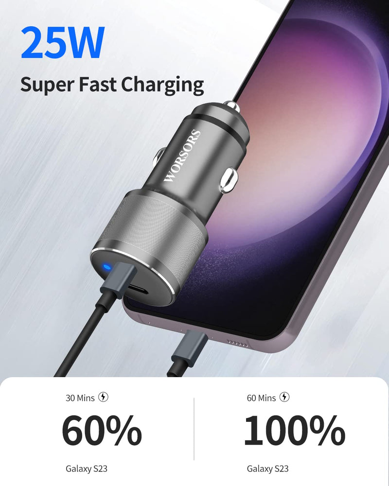 [Australia - AusPower] - Dual USB C Car Charger, 60W PD (30W + 30W) Super Fast Charging Adapter Metal for iPhone 15 Pro Max, Samsung Galaxy S24 Ultra/S24 Plus/S24/S23/S22/S21, Note 20/10, iPad Pro + 2X Type C to C Cable 3.3Ft Gray 