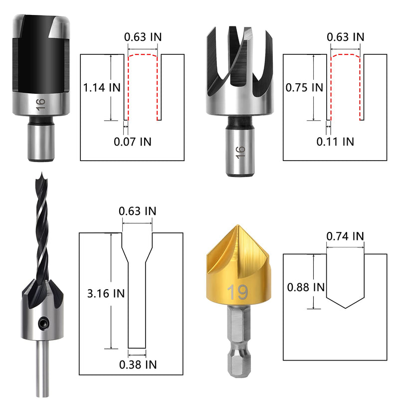 23pcs Woodworking Chamfer Drilling Tool, 8pcs Wood Plug Cutter Drill, 7pcs Three Pointed Countersink Drill Bit with L-Wrench, 6pcs 1/4" Hex 5 Flute 90 Degree Countersink Drill Bits