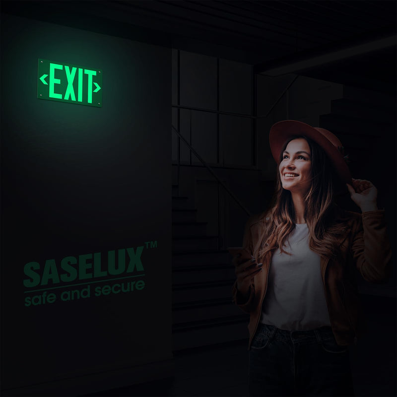 Photoluminescent Exit Sign Aluminum - Adhesive Backing Glow In The Dark - Removable Arrows Included - Pre-drilled Holes - 12x7 Inches - Non Electrical Green Exit Light For 50 Feet Visibility (2 Pack) Green 2 PCS With Pre-drilled Holes