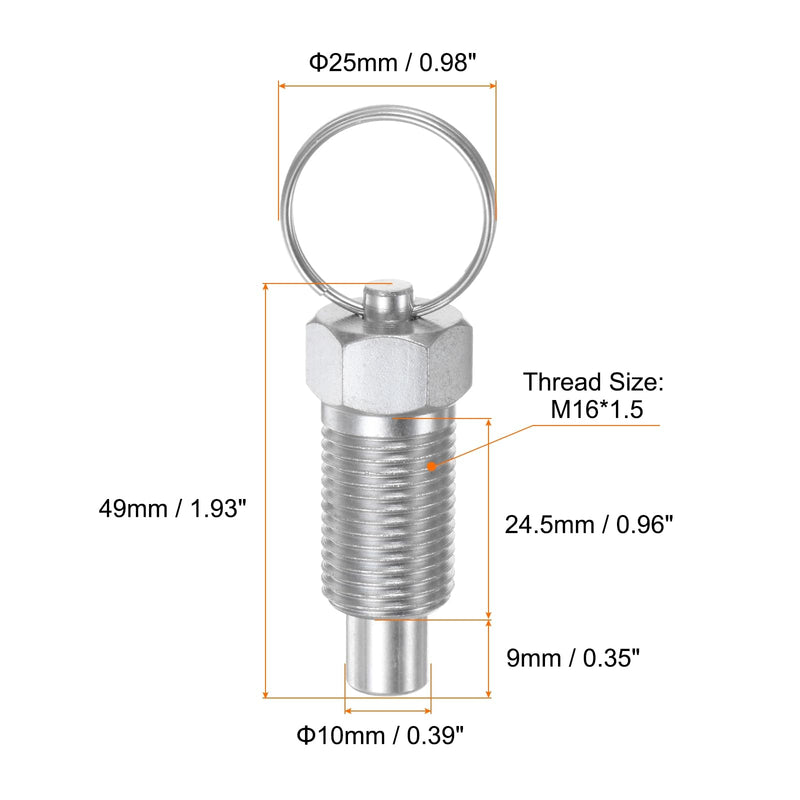 [Australia - AusPower] - 2Pcs Spring Plunger with Pull Ring M16x1.5 Thread Size 0.96" Thread Length Pin Dia.10mm Flat Head Carbon Steel Non-Locking Retractable Index Plunger for Industrial Equipment 