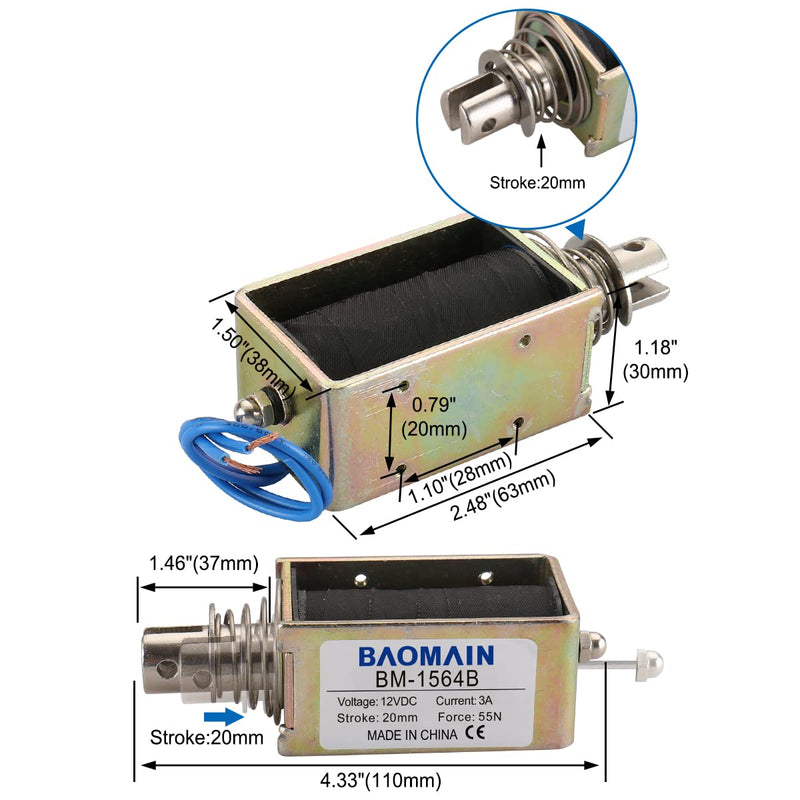 [Australia - AusPower] - Baomain Push Pull Electromagnet Solenoid JF-1564B DC12V 3.0A Stroke 20mm 55N Open Frame Linear Actuator 