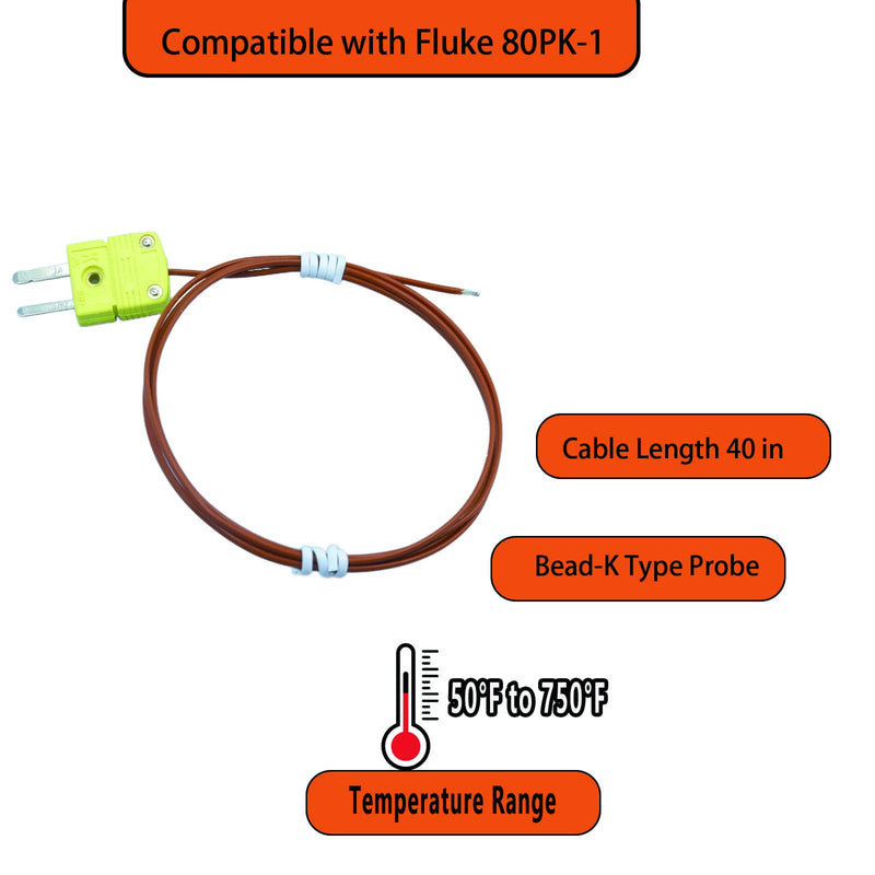 [Australia - AusPower] - K Type Thermocouple Compatible with Fluke 80PK-1 Bead-Thermocouple Probe Temperature Range: 50°F to 750°F Cable Length 40 in 2 Packs 