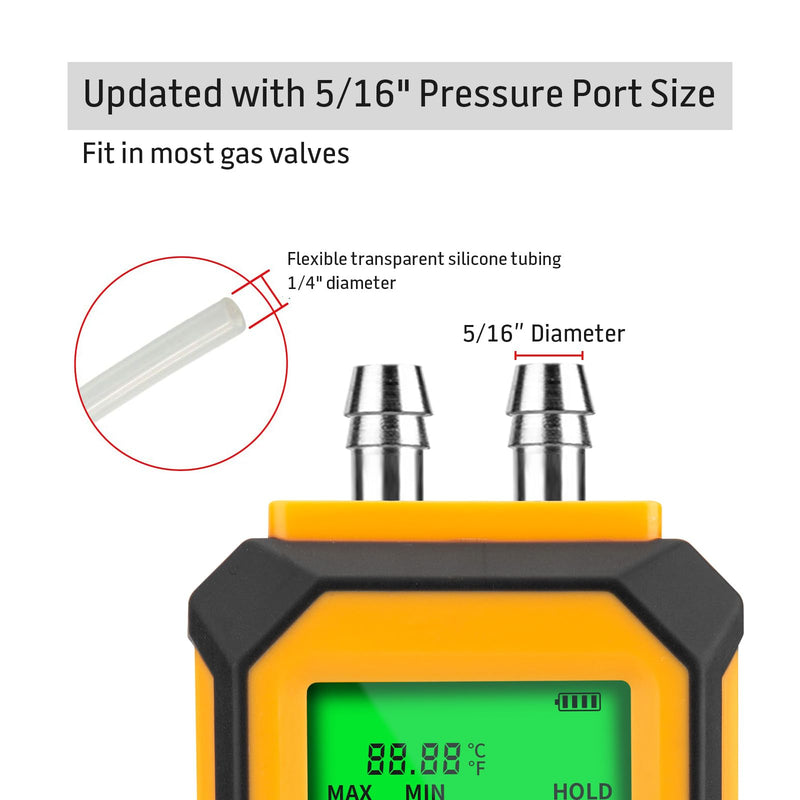 [Australia - AusPower] - 5/16 Inches Diameter Pressure Port Digital Manometer, YZT Meter Dual Port Air Pressure Meter Pressure Gauge HVAC Gas Tester, Differential Pressure Manometer 5/16 Inches Diameter Port 