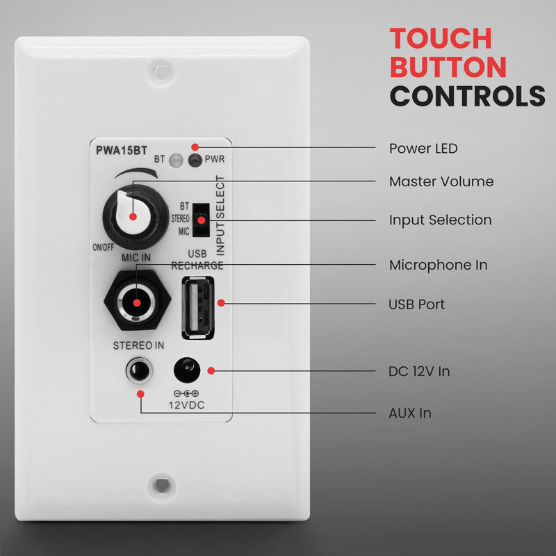 [Australia - AusPower] - Pyle Bluetooth Receiver Wall Mount, in-Wall Audio Control with Built-in Amplifier | USB, Microphone, Aux (3.5mm) Input | Terminal Block | Connect 2 Speakers - 100 Watt (PWA15BT.5) 