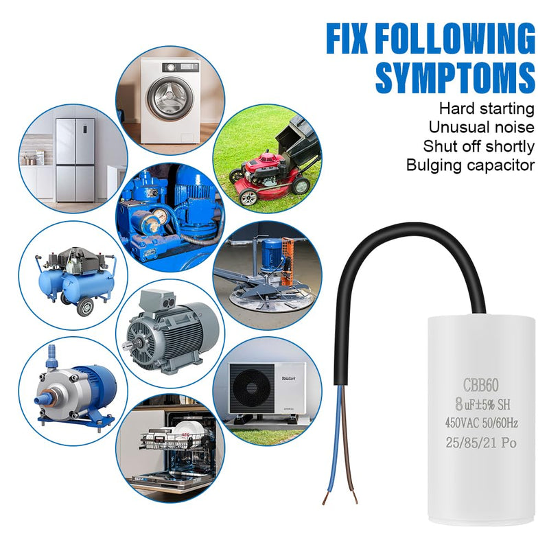 OFFCUP Motor Capacitor CBB60 Starting Capacitor 8μF 450V Capacitor 8μF | 450V CBB60 Capacitors with Wire Cable for Electric Motors and Swimming Pool Pumps Electric Motor, 50/60Hz 8μF (Schraubanschluss)