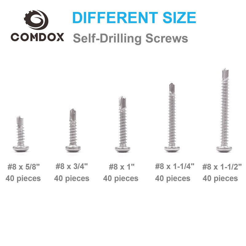 410 Stainless Steel Self Drilling Screws Kit Set, Pan Head Phillips Sheet Metal Tek Screws Assortment Kit, Modified Truss Head, #8-18 Thread Size, 5/8" to 1-1/2" Length (Pack of 200)