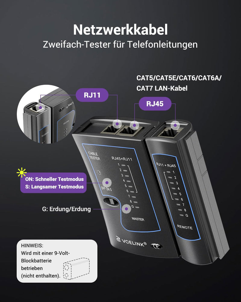 [Australia - AusPower] - VCELINK Kabeltester, Netzwerktester Kabeltester für RJ45 RJ11 Kabel-Patchkabel-Leitungstester, LAN Tester, Telefon Kabelteser, Schwarz 