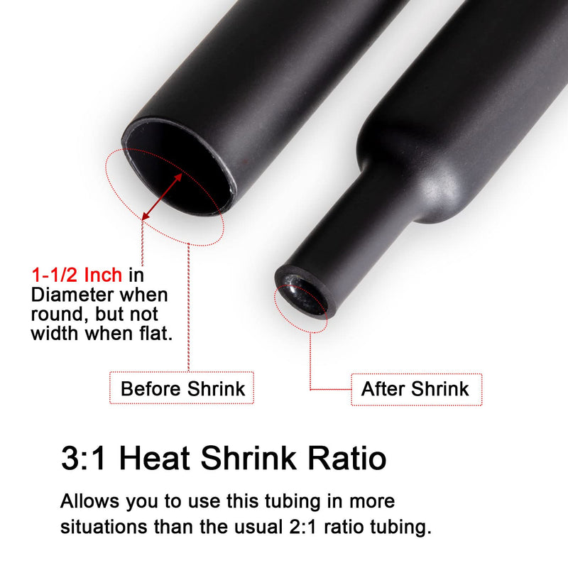 1-1/2 inch ((Diameter)) 3:1 Dual Wall Adhesive Heat Shrink Tubing, Large Glue Lined Marine Cable Sleeve Tube, Premium Wire Wrap Protector for DIY by MILAPEAK (4 Feet, Black) 4FT (1.5", 1 Pack)