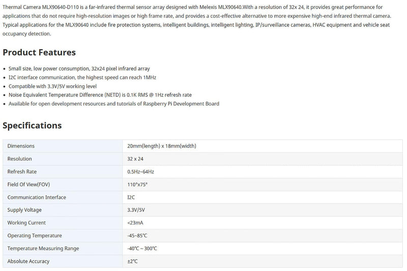 MLX90640 Thermal Imaging Camera Module – 110° Wide Angle, 32x24 IR Sensor Array for Raspberry Pi, HVAC, Fire Detection