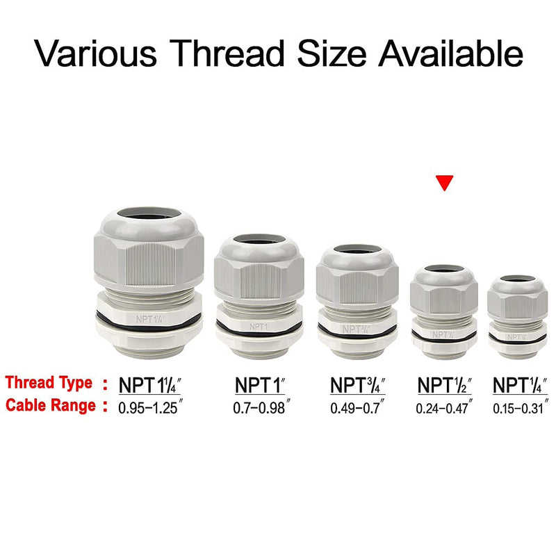 [Australia - AusPower] - LeMotech 5 Pack NPT 1/2" Cable Glands Waterproof Adjustable 6-12mm Cable Connectors Grey Nylon Joints with Gaskets 1/2inch 5-pack 