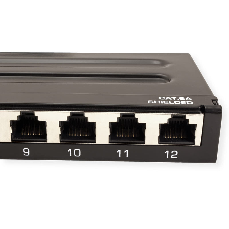 TRENDnet 12-Port Cat6A Shielded Patch Panel, 10G Ready, Cat5e,Cat6,Cat6A Compatible, Metal Housing, Color-Coded Labeling for T568A and T568B Wiring,Cable Management,Wall Mountable, Black,TC-P12C6AS 12 port