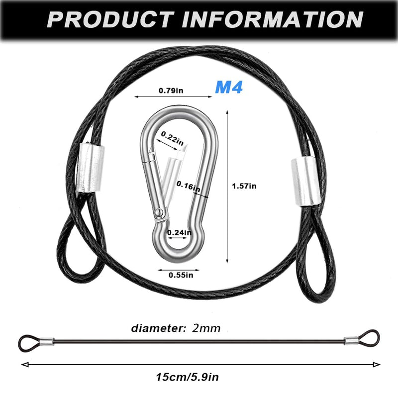 [Australia - AusPower] - 20 Pack 6 Inch(15cm) Safety Stainless Steel Tethers with 4 Pcs Spring Snap Hook Clips, Steel Wire Cable with Loops Vinyl Cover Coated Short Rope Lanyard Lock Safety Tether Chains, Black 20P-15cm-black 
