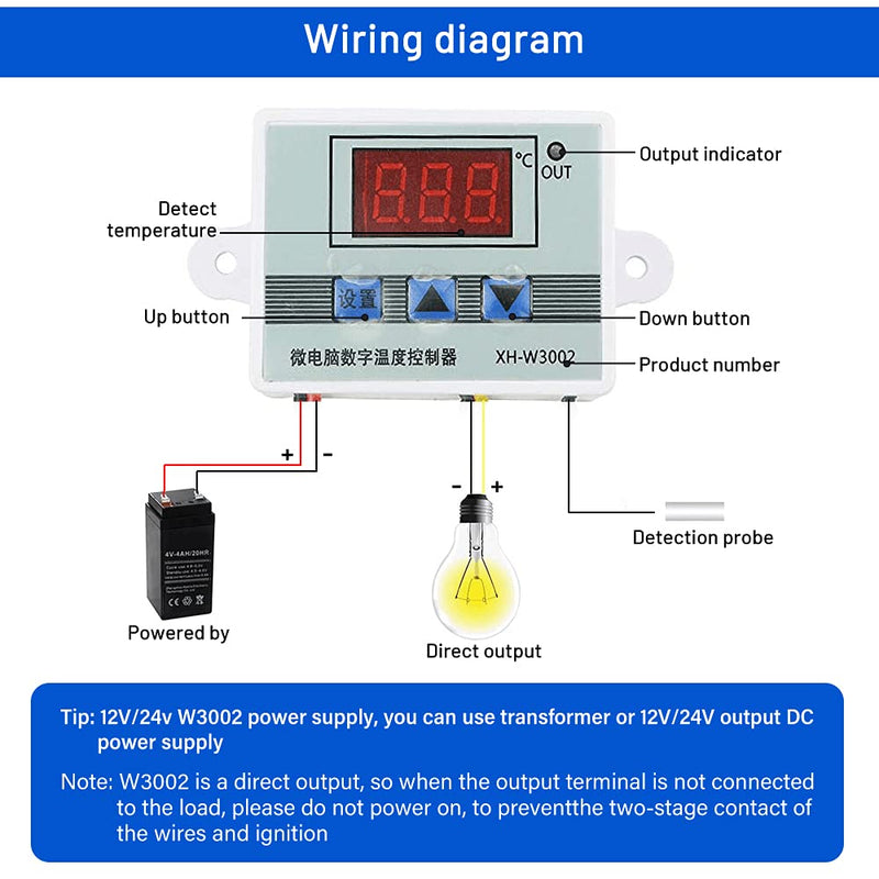 [Australia - AusPower] - XINGYHENG XH-W3002 DC 12V 10A Microcomputer Digital Temperature Controller Digital Display Thermostat Control Switch and NTC 10K Thermistor Sensors Digital Temperature Probe (12V 120W) 