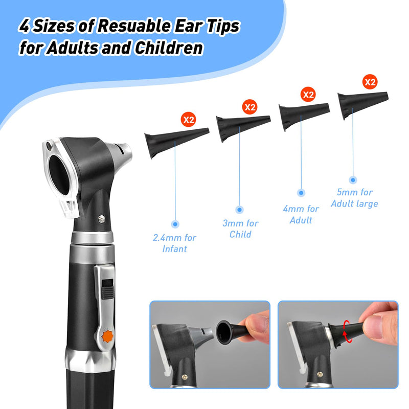 [Australia - AusPower] - Scian Otoscope - Ear Scope with Light, Ear Infection Detector and Pocket Ear Checker Kit with 3X Magnify Lens, Suitable for Kids, Adults, Doctors, Pets(Black) Black 
