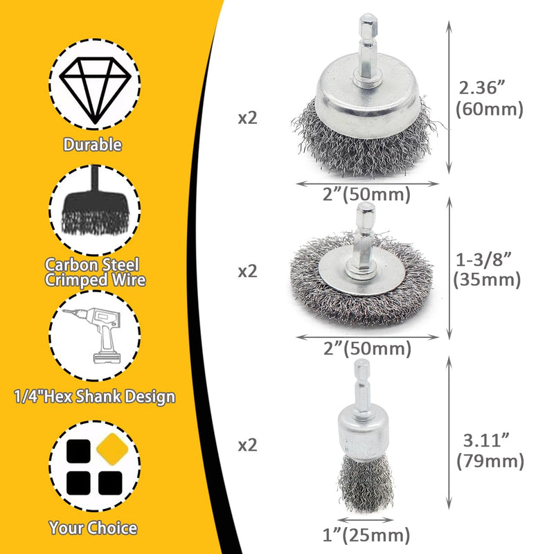 [Australia - AusPower] - Wire Brush for Drill Set 6 Pack, Wire Wheel for Drill with 1/4 Inch Hex Shank, Drill Wire Brush Set with 0.012 Inch Coarse Crimped Carbon Steel Wires for Removing Rust, Paint and Corrosion 
