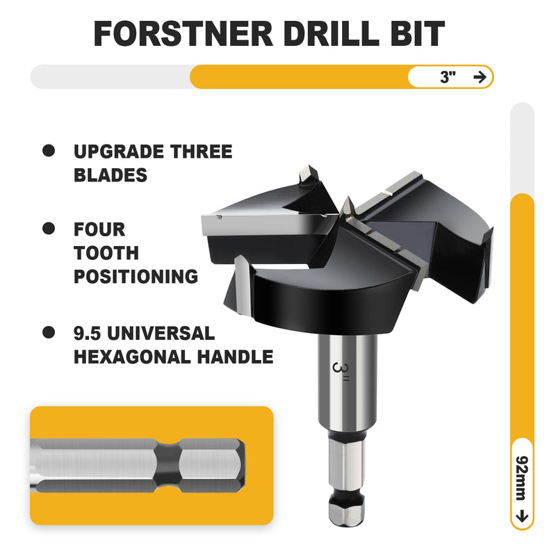 3" Forstner Drill Bit with 3/8" Quick Change Hex Shank,Triple Flute Tungsten Carbide Tipped - for Hard Wood,Soft Wood Woodworking Hinge Cutter Tool Kits for Veneered Plywood Plastic 3" | 76mm