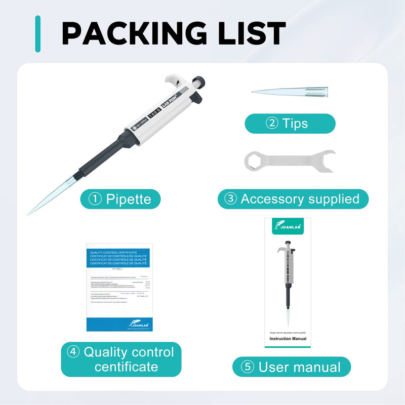LAB FISH M100-1000ul Lab Pipette, 100-1000ul Adjustable Volume w/200 Tips | 100-1000ul range, 0.1ml increment, single channel, manual, includes 200 tips, for lab liquid transfer Single Channel Pipettor 100-1000ul Set