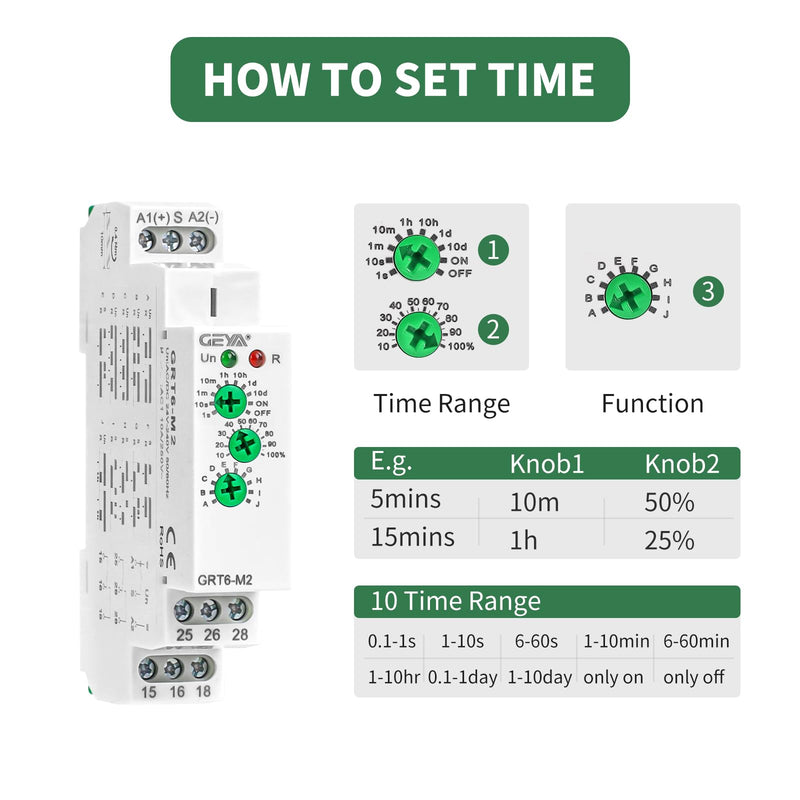 GEYA 10A MultifunctionTimer Relay 10 Funcitons Time Delay Relay 2SPDT DIN Rail 0.1s-10 Days(GRT6-M2,AC/DC24V-240V) AC/DC24V-240V Grt6-m2