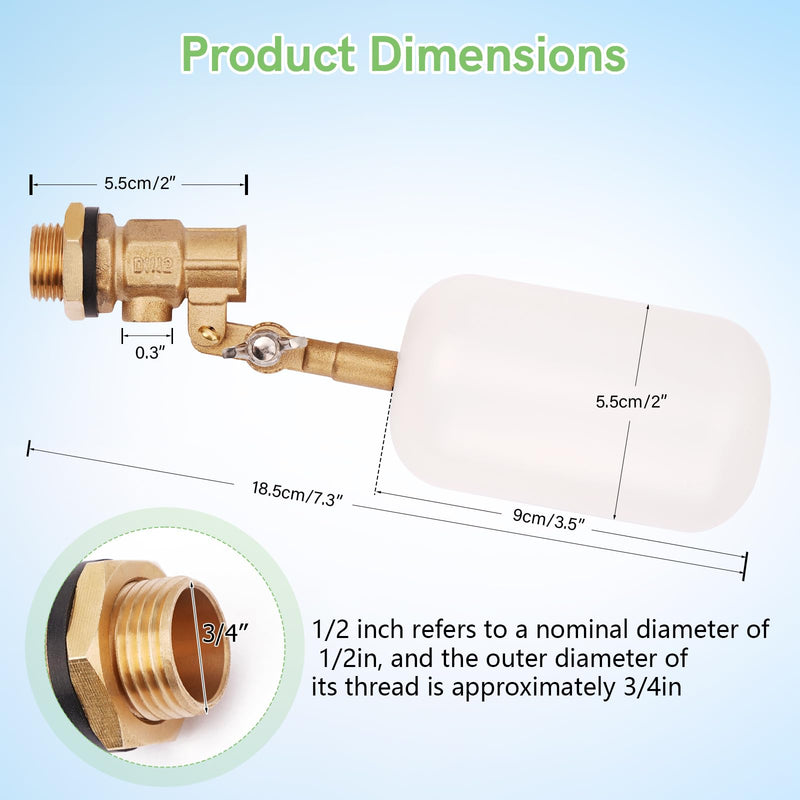 Float Valve 1/2 inch, Brass Water Float Valve with Adjustable Arm, Float Ball Valve Automatic Fill and Water Level Control for Water Trough,Fountains,Water Tank,Ponds,Pool,Aquariums 1/2 in