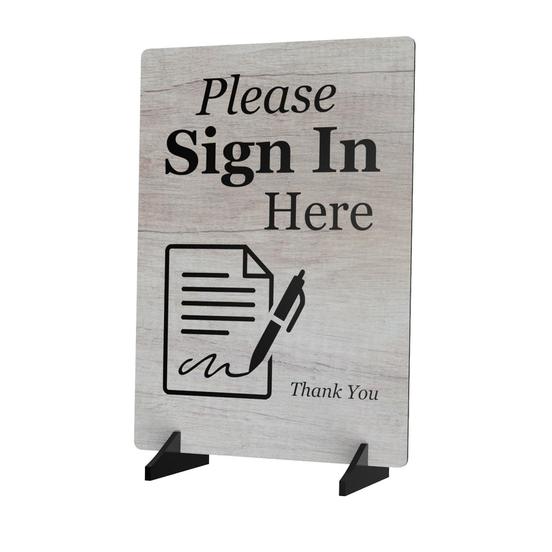 Please Sign In Here Sign/Notice - Freestanding with 2 Black Plastic Feet or Adhesive (Black Feet) Wood Stand