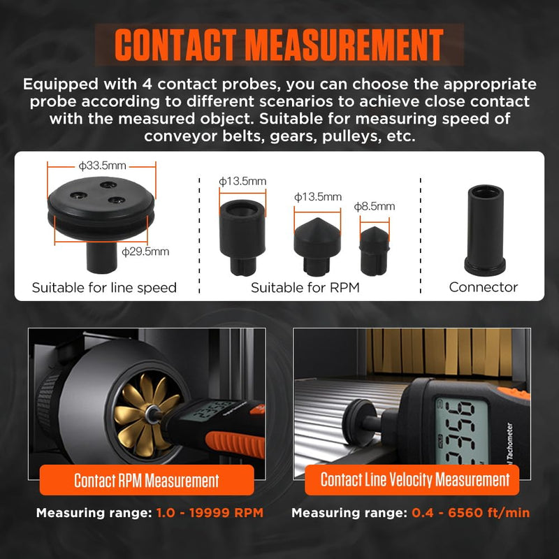 [Australia - AusPower] - Tachometer Contact & Non-contact Digital Tachometer 4 Test Mode Laser Photo Tachometer 1.0?99999RPM High Accuracy RPM Tachometer with 4 Contact Probes, Backlit Display, Data Memory/Hold,Auto Power Off 