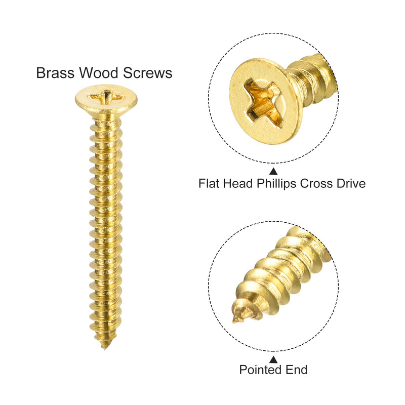uxcell Brass Wood Screws, M4x35mm Phillips Flat Head Self Tapping Connector for Door Hinges, Wooden Furniture, Home Appliances 200Pcs 200