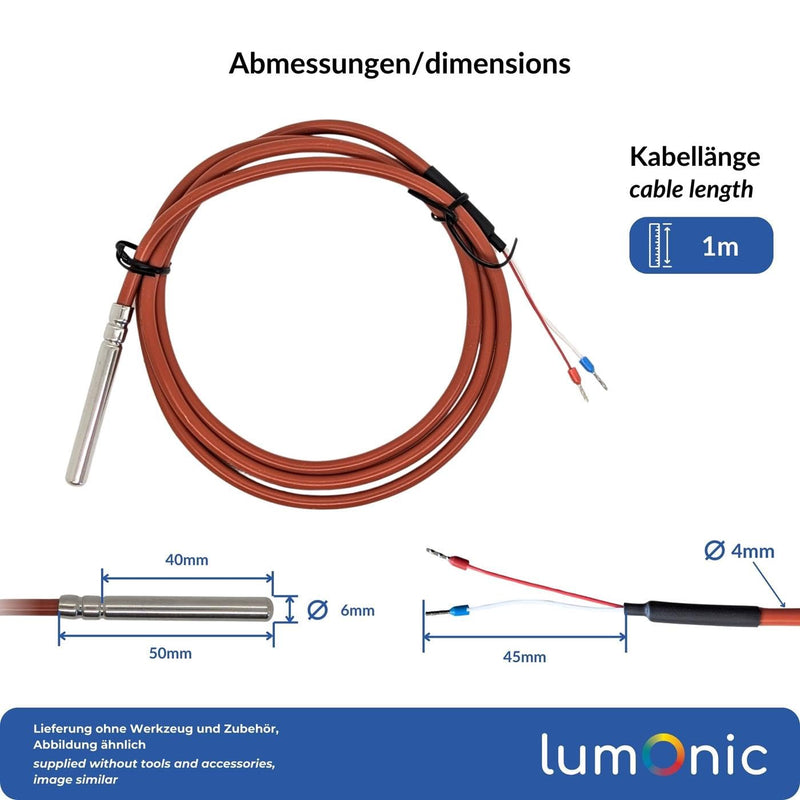 [Australia - AusPower] - Lumonic PT1000 Temperature Sensor with Silicone Cable 1 m I -50 to 200 °C I 6 mm I 2-Wire Connection I IP65 I Temperature Sensor Sensor I for Heating, Heat Pump, Photovoltaic, Automation 1m 