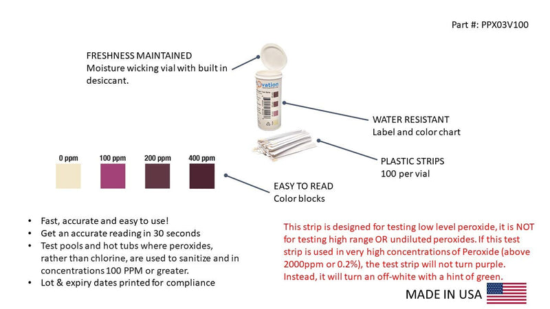 [Australia - AusPower] - Hydrogen Peroxide H2O2 Test Strips, 0-400 ppm [Vial of 100 Strips] 
