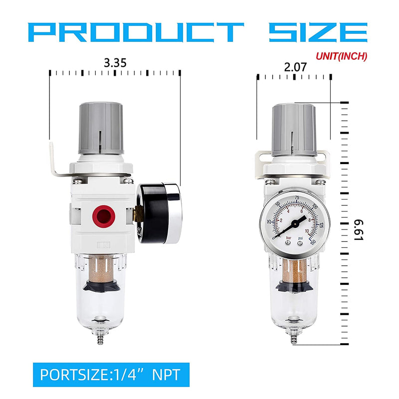 [Australia - AusPower] - NANPU 1/4" NPT Compressed Air Filter Regulator Combo Piggyback, 5 Micron Brass Element, Poly Bowl, Semi-Auto Drain, Metal Bracket, 0-150 psi Gauge Semi-Auto Drain, Metal Coupler&Plug 