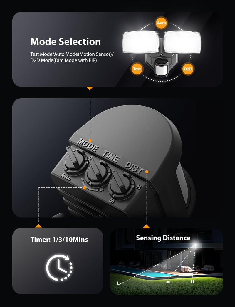 Onforu 32W Plug in Motion Sensor Lights Outdoor, 3200LM Motion Flood Light Dusk to Dawn, IP65 Waterproof Led Security Light Outside, 2 Heads Motion Activated Wall Light for Garage, Porch, Yard - Black