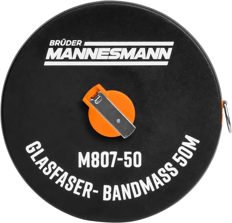 Brüder Mannesmann Fibreglass Tape Measure 50 m, with Crank Retraction, Weatherproof ABS Housing, Precise Measurement, Robust for Construction, Workshop and Garden, Pack of 1, M 807-50