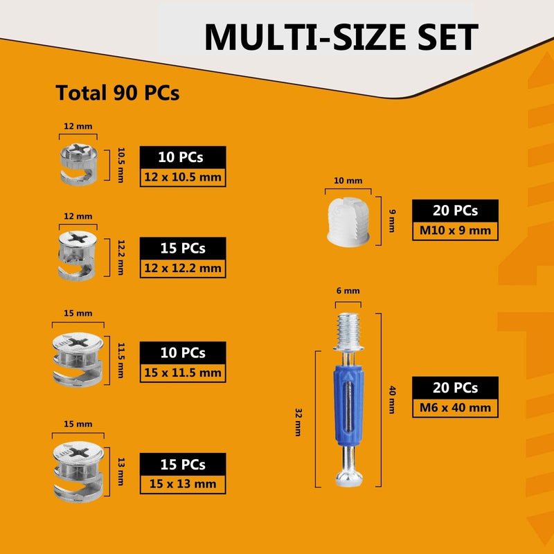 [Australia - AusPower] - Cam Locks for Furniture 90 Pcs 3-in-1 Eccentric Wheels, Furniture Cam Lock Fasteners Compitable with IKEA Hardware Parts, Multi-Size Repair Spare Parts Nut & Bolt Assortment Sets 